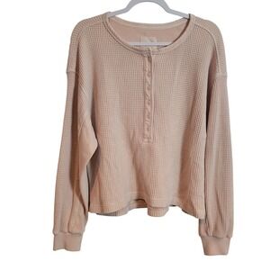 Aerie Women Peach Pink Waffle Knit Henley Long Sleeve Top Size Medium Oversized